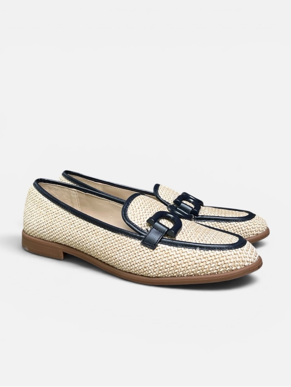 Kenneth Cole NY Larisa/Linda Raffia Bit Loafer in Cream w/Navy Trim Sz 7.5